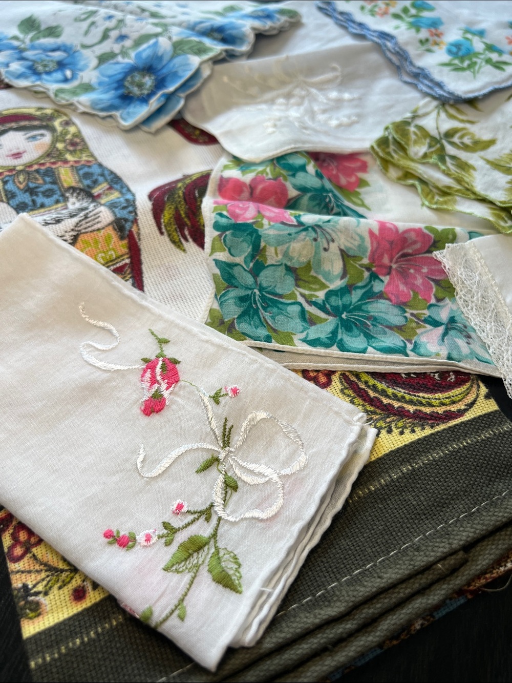 Lot of VTG Floral Handkerchiefs Hankies & Matryoshka Nesting Doll Hand Towel